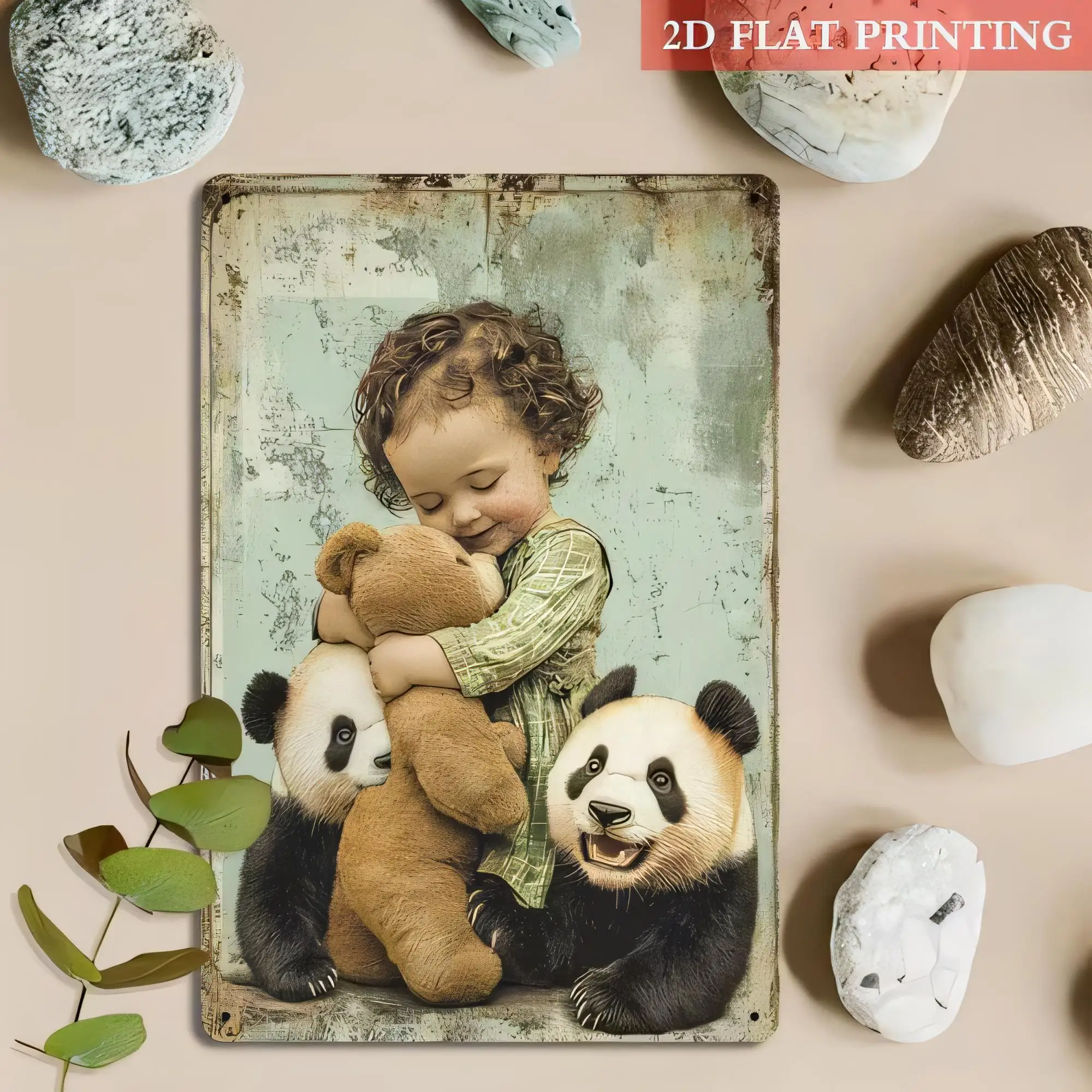 Tin Sign Panda Bear Hugging Teddy  Printing Vintage Style Metal Poster Wall Decor for Living Room Bedroom Nursery Kids Playroom