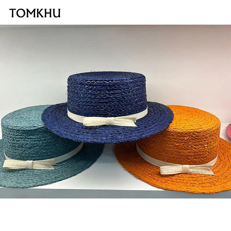 

New Summer Colorful Raffia Grass Flat Top Wide Brim Straw Hat Women Ribbon Decoration Sun Hat Fashion Designer Hat Derbies Femme