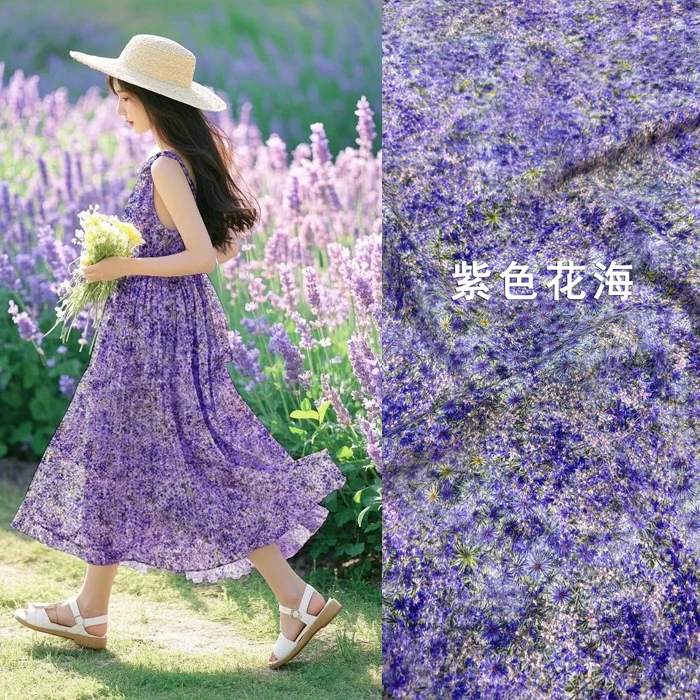 

3m purple floral high end Silk Fabric Stretch Crepe de Chine 93% Mulberry Silk and 7% Spandex