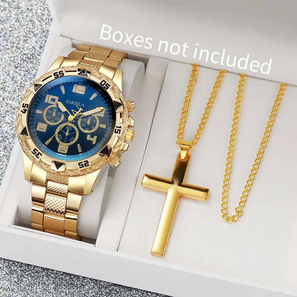 2 قطعة ساعات رجال الأعمال الفاخرة موضة الطلب الكبير الرجال سوار فولاذي ساعة كوارتز قلادة مجموعة Reloj Hombre (بدون صندوق)