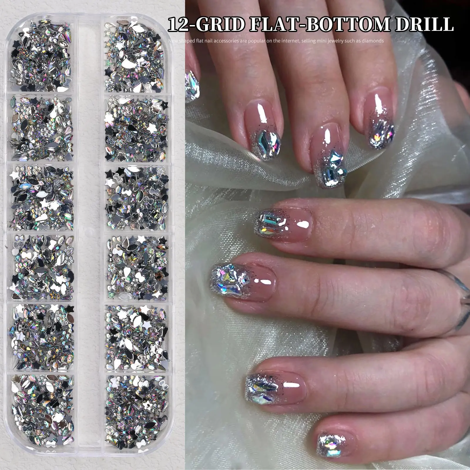 12 Grids Mixed Color Flatback Nail Rhinestones Set 3D Multi Shapes Crystal Gem Nail Art Decoration DIY Manicure Accessories