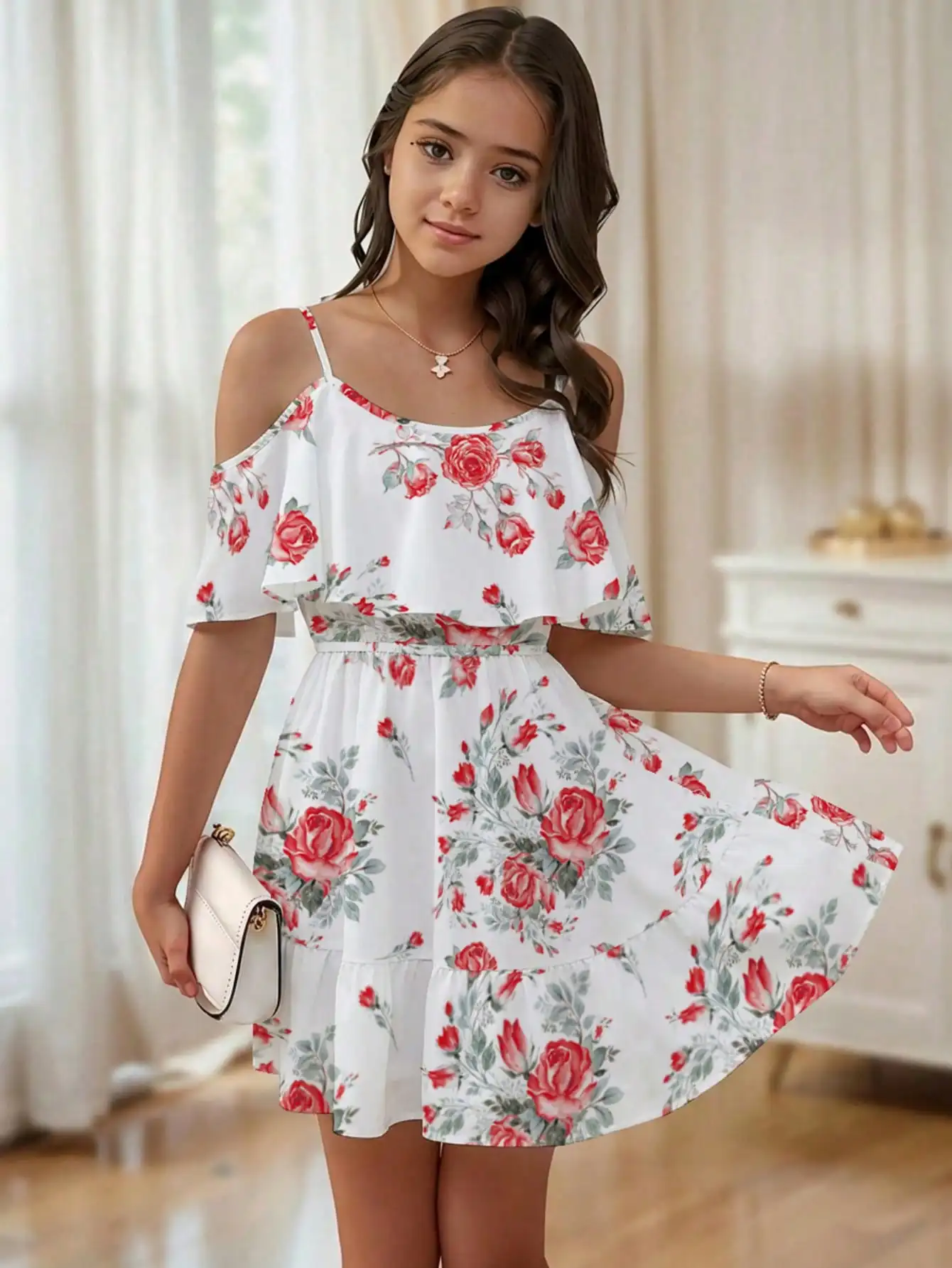 2026 Girls' Casual Elegant New Boho Flower Printed Strap One Collar Ruffle Edge Off Shoulder Dress Medium Long Dress