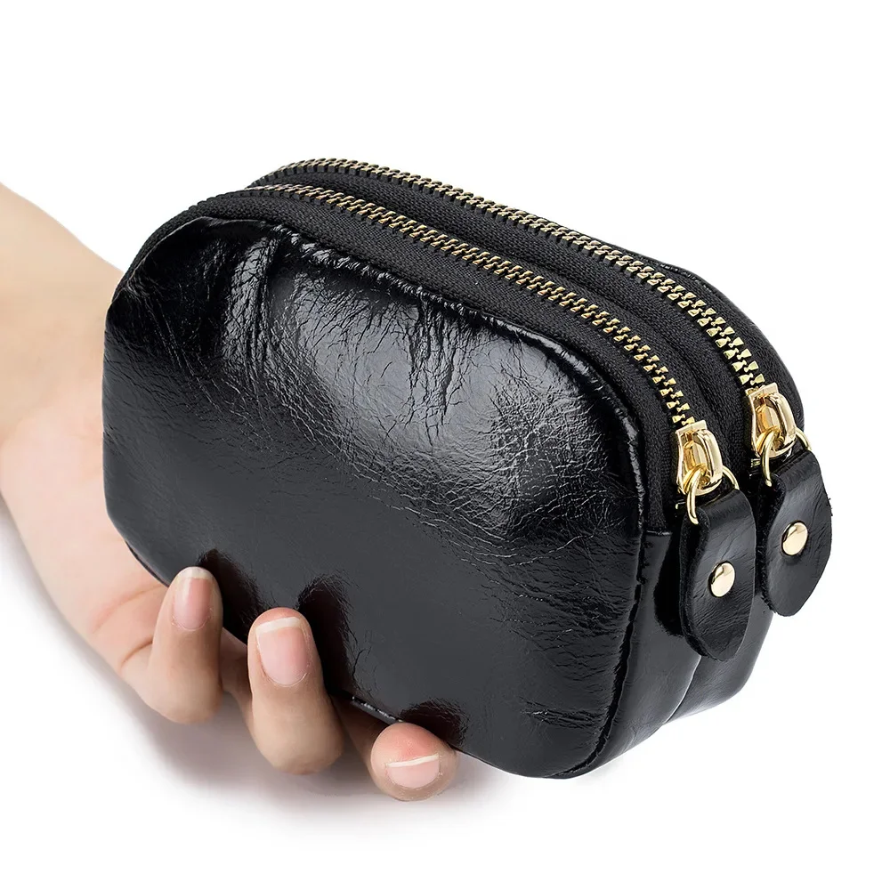 Retro Double Zipper Coin Purse Oil Wax Cowhide Storage Mini Fashion Card Key Bag