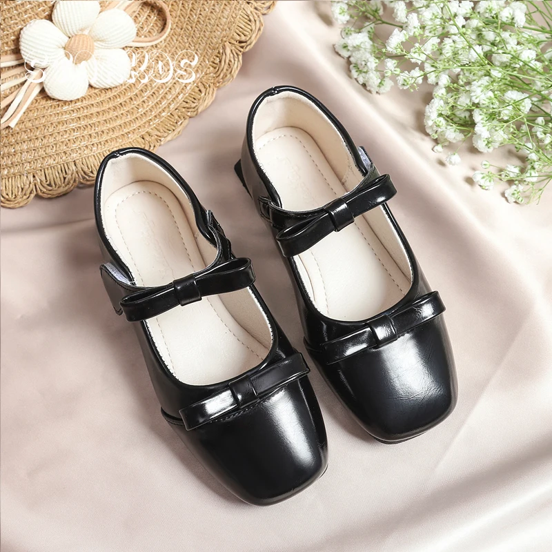 Patent Leather Bowknot Mary Jane Shoes Kids Cute Bows Ballet Flat Girls Children Solid White Black School Zapatos with Hook Loop