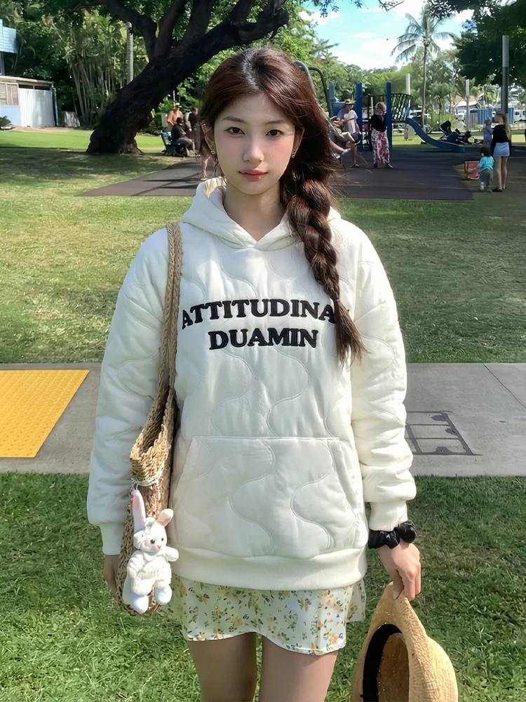 

Ретро-худи в американском стиле для женщин: модный топ с вышивкой букв, свободного кроя, с ромбовидным узором, из хлопка, для ранней весны