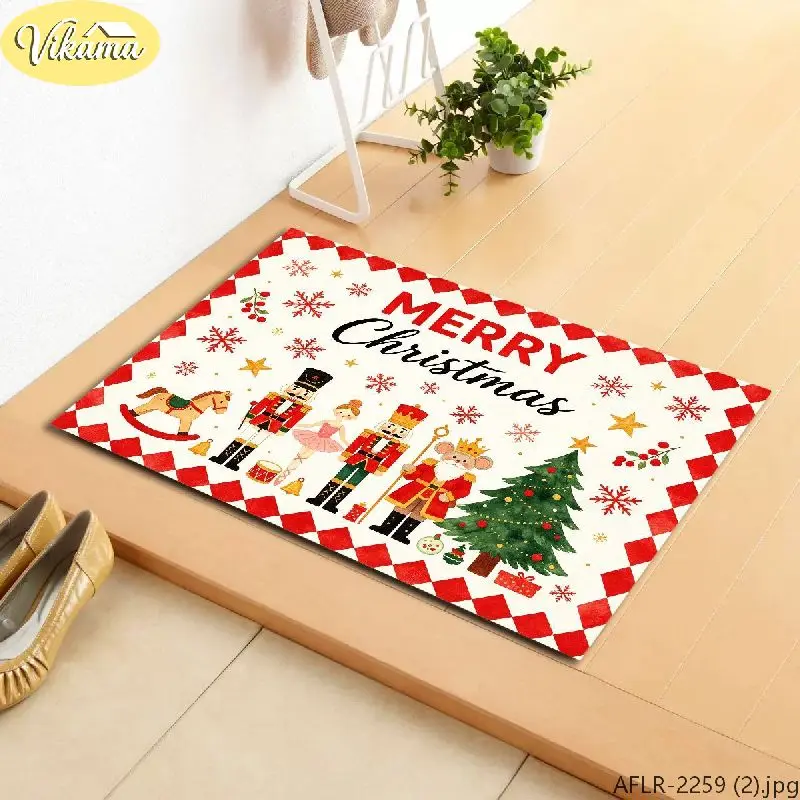 VIKAMA Christmas Doormat Nutcracker Rocking Horse Tree Washable Anti-Slip Door Mat for Entryway Outdoor Holiday Decor