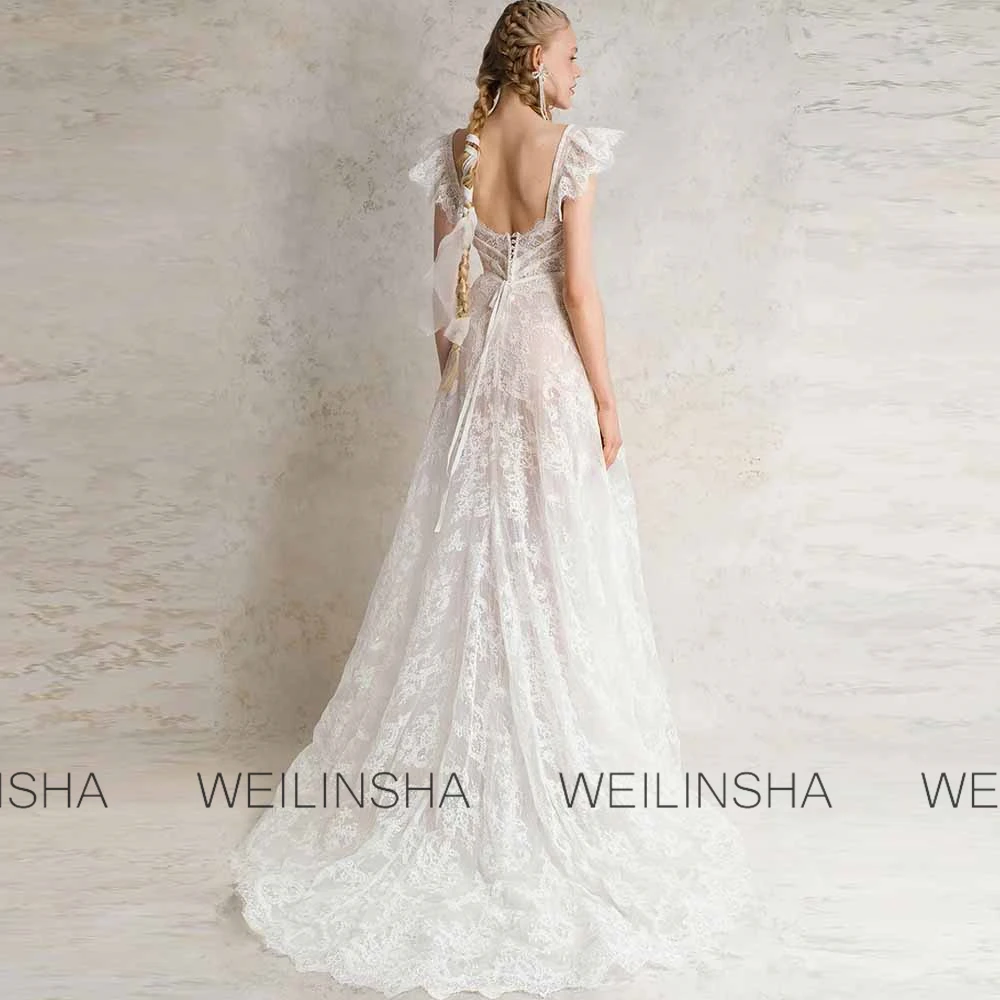 فساتين زفاف الكنيسة Glitz and Glam دانتيل على شكل حرف a فساتين حفلات الزفاف عاجية رقبة مربعة وكشكشة دانتيل فساتين زفاف #2