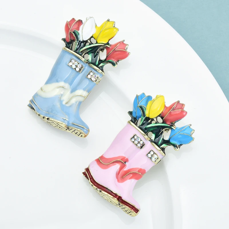 Wuli&baby Lovely Flower Rain Boots Brooches For Women 2-color Enamel Cartoon Interesting Shoes Party Casual Brooch Pins Gifts