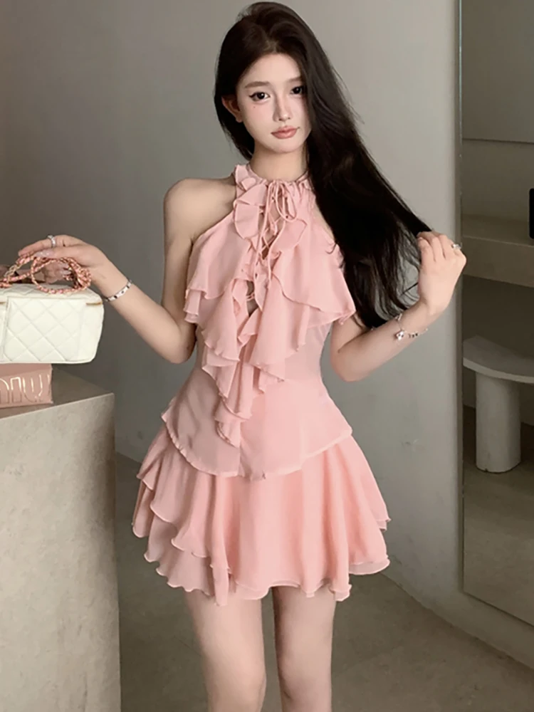 Women Pink Chiffon Bandage Neck-mounted Top Shirts+Ruffled Short Skirt Two Piece Sets 2024 Summer Elegant Chic Kawaii Dress Sets