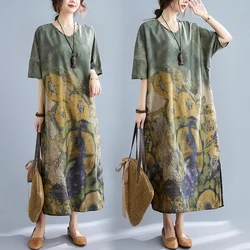 Plus size summer loose V-neck side slit long skirt large women's printed slimming short sleeved dress