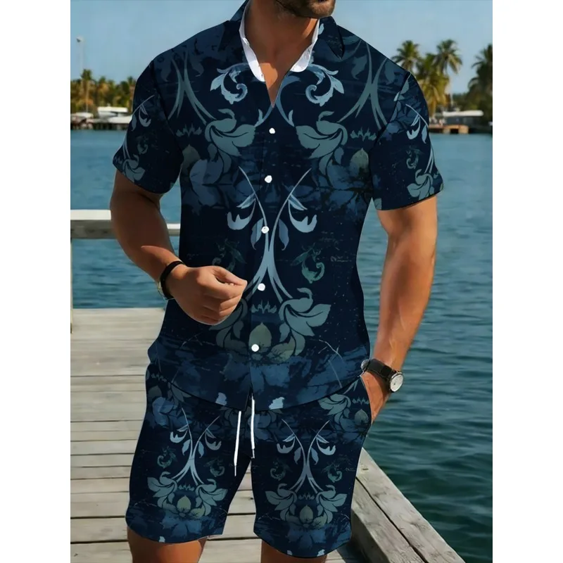 Navy Blue Floral Printed Men's Short Sleeve Shirt & Shorts Set Lightweight Breathable Beach Casual Vacation Outdoor Outfit