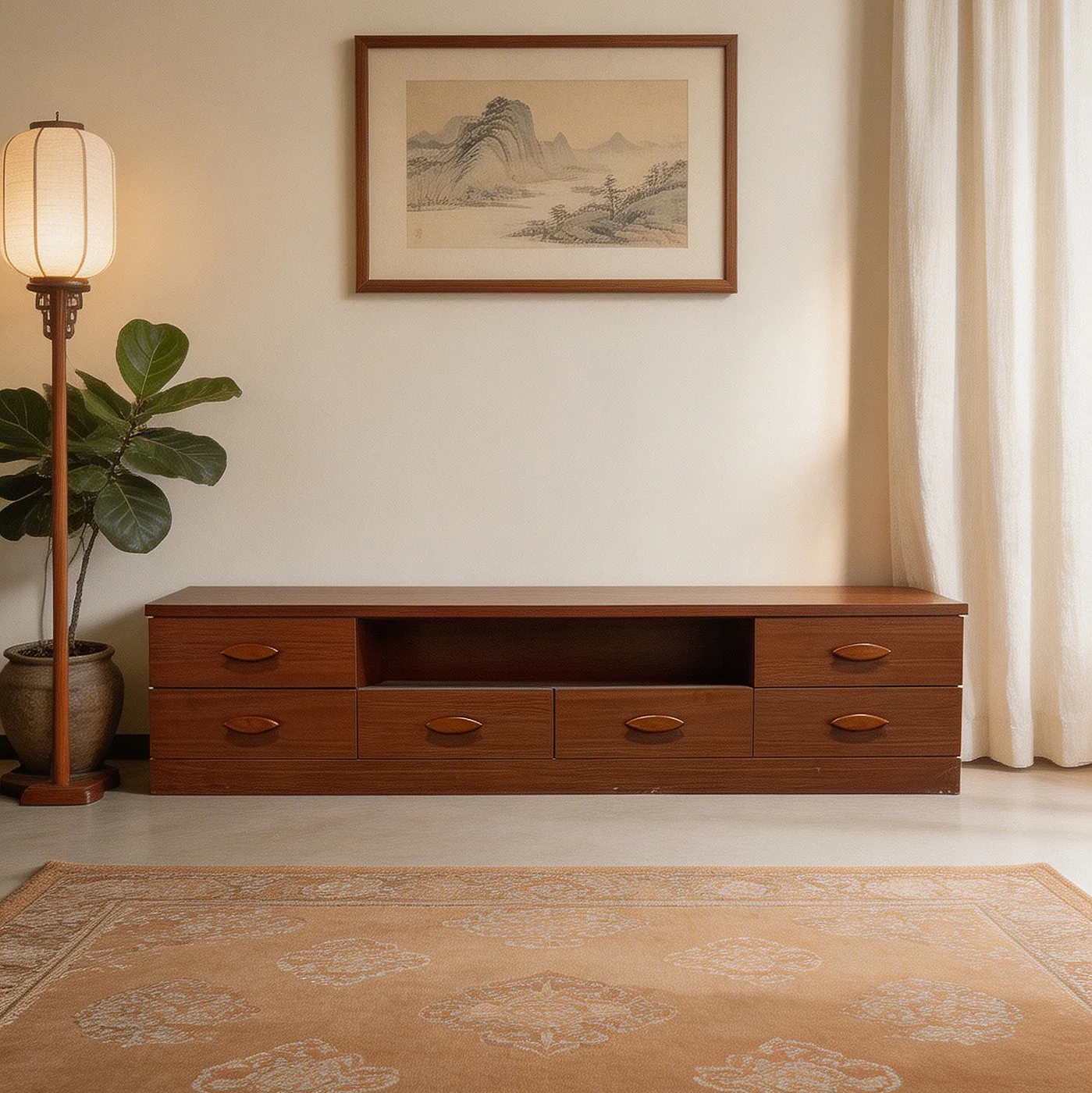 Wooden Chinese TV cabinet 2 meters household floorcabinet simple six drawers storage walnut red gold sandalwood living room