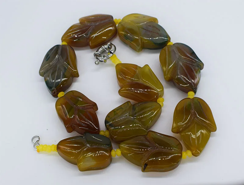 yellow green agate carved leaf necklace 30-36mm 43cm nature wholesale bead FPPJ