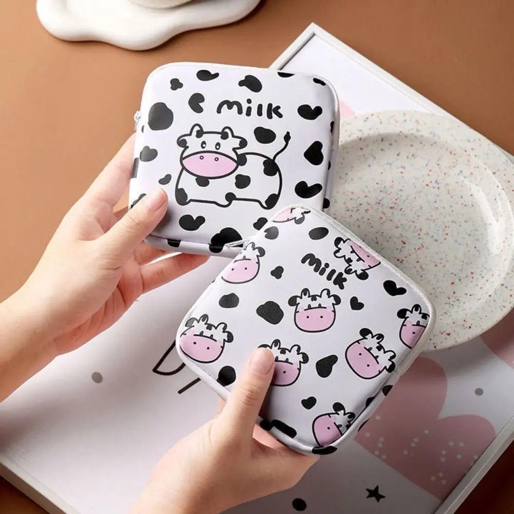 Multifunction Sanitary Napkin Storage Bag Black&white Cartoon Cow Coin Bag Key Cards Earphone Mini Storage Pouch Women Girl