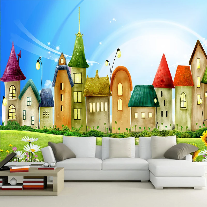 Customized products Mural Wallpaper Embossed Cartoon Colorful House Photo Wall Mural Kids Bedroom Living Room Backdrop 3D Wall