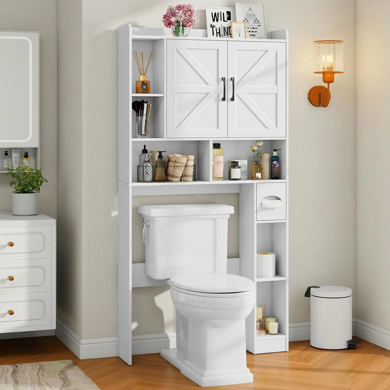 

Over The Toilet Storage Cabinet, Farmhouse Storage Cabinet Over Toilet with 2 Barn Door & Toilet Paper Holder Stand，Hom