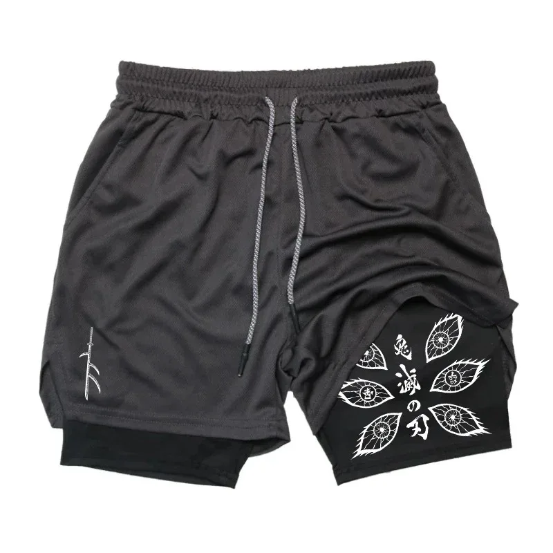جديد شيطان القاتل أنيمي Kibutsuji Muzan مطبوعة تشغيل مزدوجة السراويل الرجال الصيف جديد رياضة الرياضة الدراجات التنزه جديد 2 في 1 السراويل