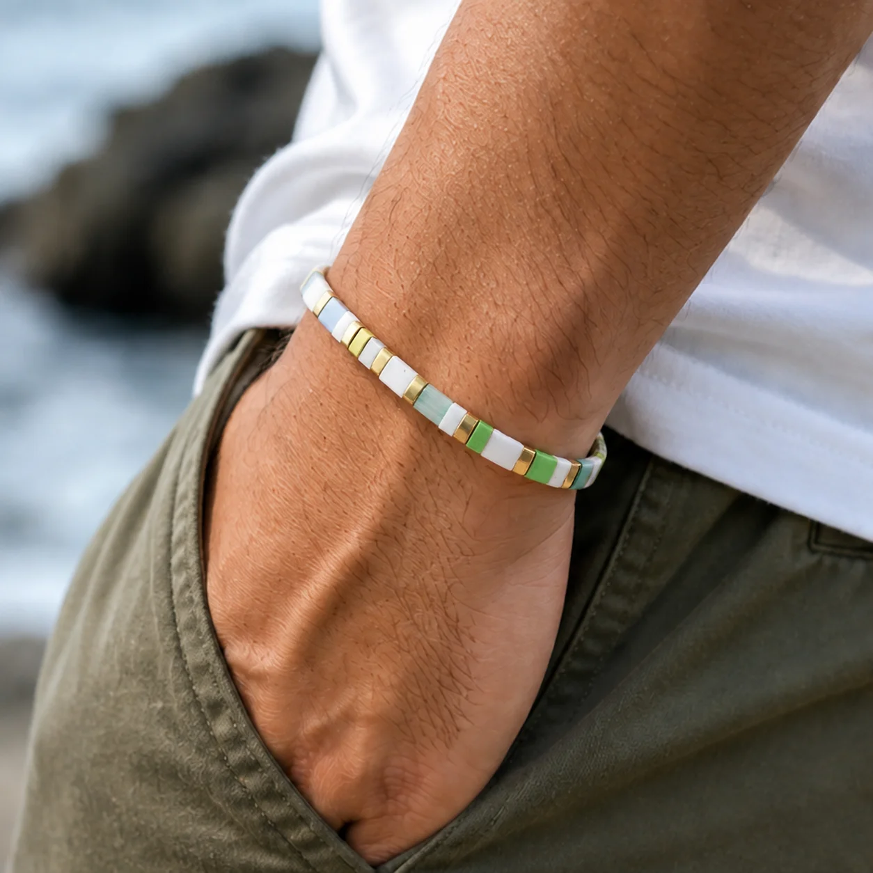 1pc Geometric Multicolor Glass Beaded Strand Bracelet with White Blue Green and Gold Color Block Beads Unisex Trendy Style