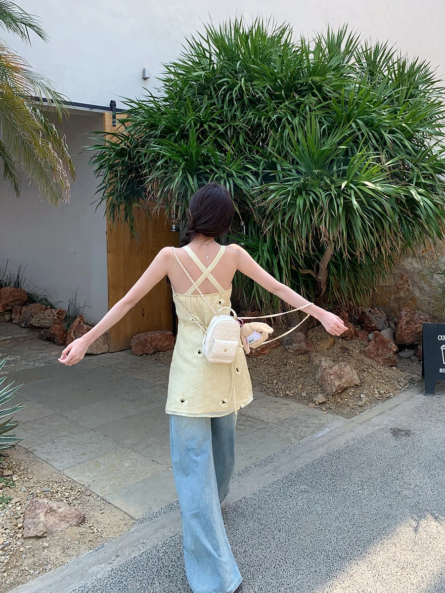 فستان صيفي جديد أصفر بدون أكتاف وياقة على شكل V للنساء، فستان بخصر مرتفع وتصميم A-line، أنيق وبسيط للعمل، فستان G عصري #3