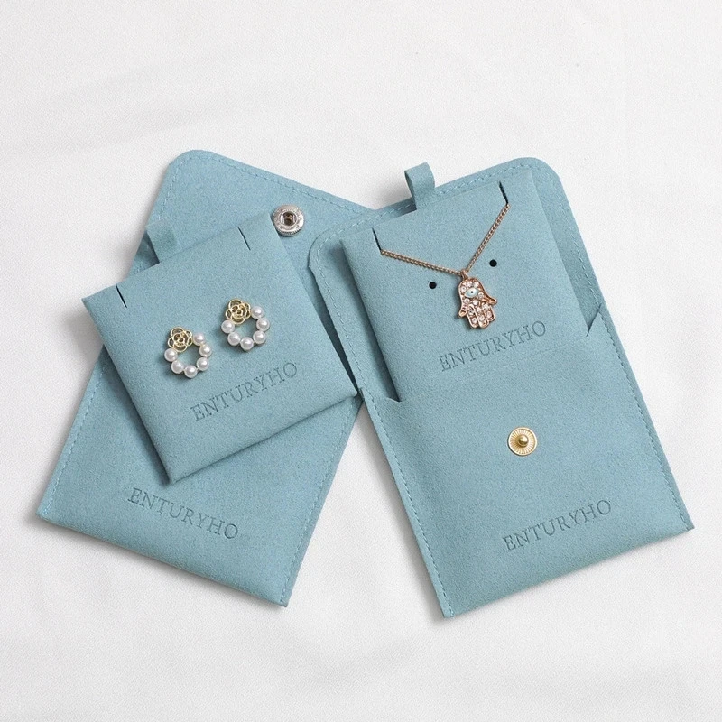 Custom Logo Microfiber Envelope Snap Button Pouch with Box Pink Wedding Favor Bags for Jewelry Ring Brooch Necklace Packaging