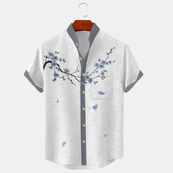 3D Printed men's Shirt Linen Shirt Pattern Printed Parrot Leaf Standing Collar White Light Green Purple Green Gray Outdoor Stree