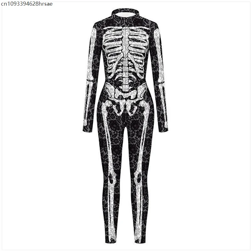 레트로 펑크 블랙 플라워 스컬 프린트 아머 사이버 점프수트 코스프레 젠타이 바디수트 코스튬 할로윈 파티 공연 의상 2025