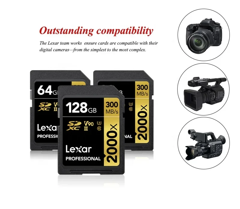 Original Lexar Professional SD Memory Card  64GB 32GB 128G 2000X SD Card 256G U3 4K V90 Class 10 UHS-II Flash SD Card for Camera