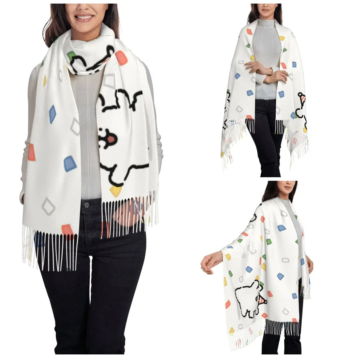 Ins Korea Line Puppy Maltese Scarf Women Winter Fall Pashmina Shawls and Wrap Colorful Large Scarves with Tassel Evening Dress