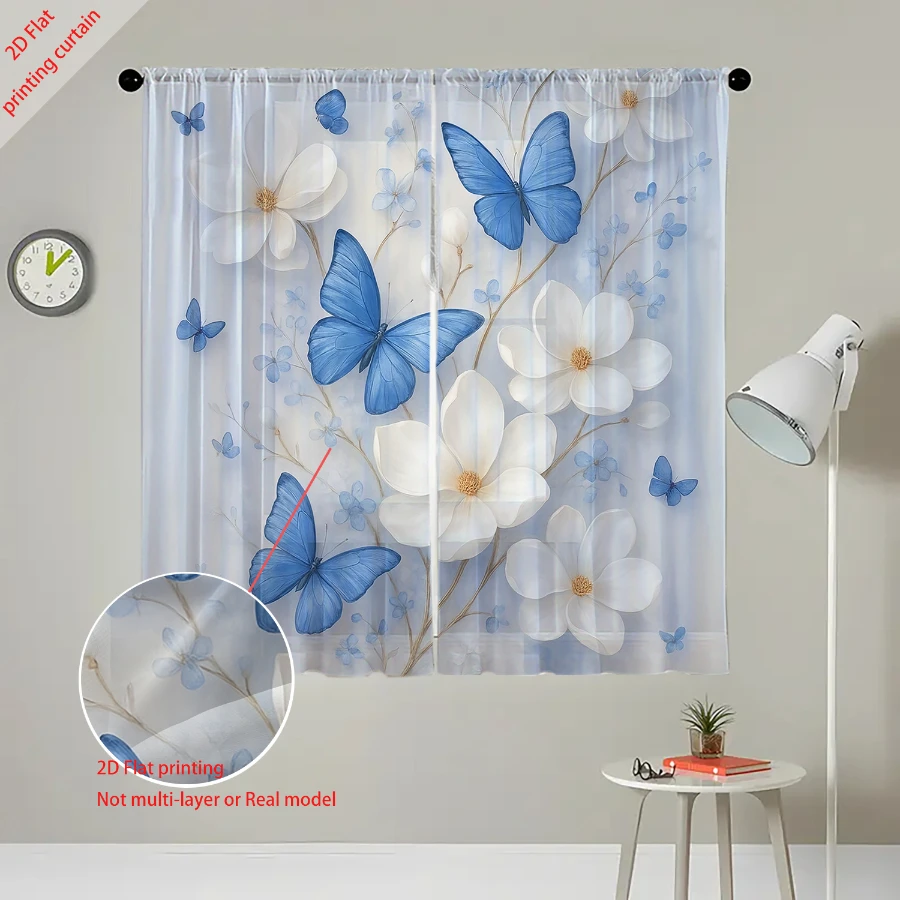 2PCS Digital Print Sheer Curtains, Blue Butterfly White Flowers, Elegant Contrast Floral for Bedroom Living Room Home Decor
