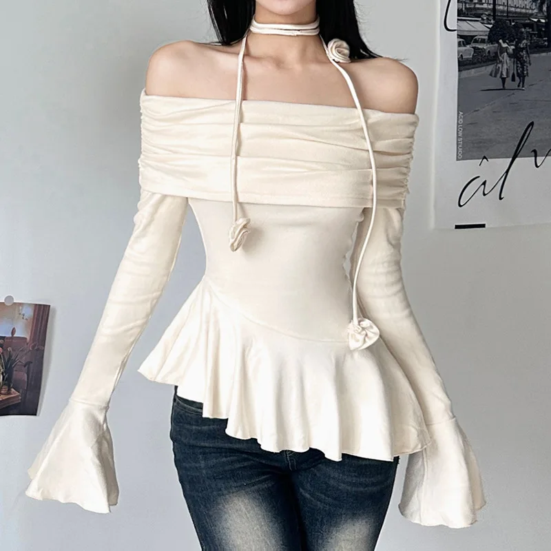 Nibber Solid Color Rose Elegant Gentle Feminine Mature All-Match Temperament Women\'S Thin Irregular Ruffled Off-Shoulder Top