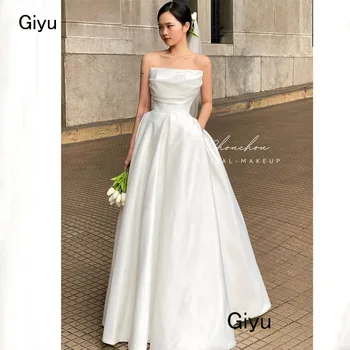 Gyu פשוט-קו korea שמלת כלה צלוטו הצוואר סירה אורגנזה pat רצפה-cuteus pleat-אורך הרצפה-חצותונת חתונה