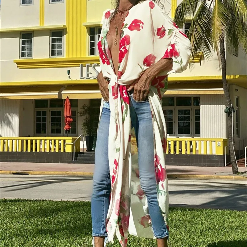 セクシーな夏の女性の印刷ビーチブラウス水泳カバーアップ女性ビーチトップスビーチ水着ビキニカバーアップ衣装ビーチウェア