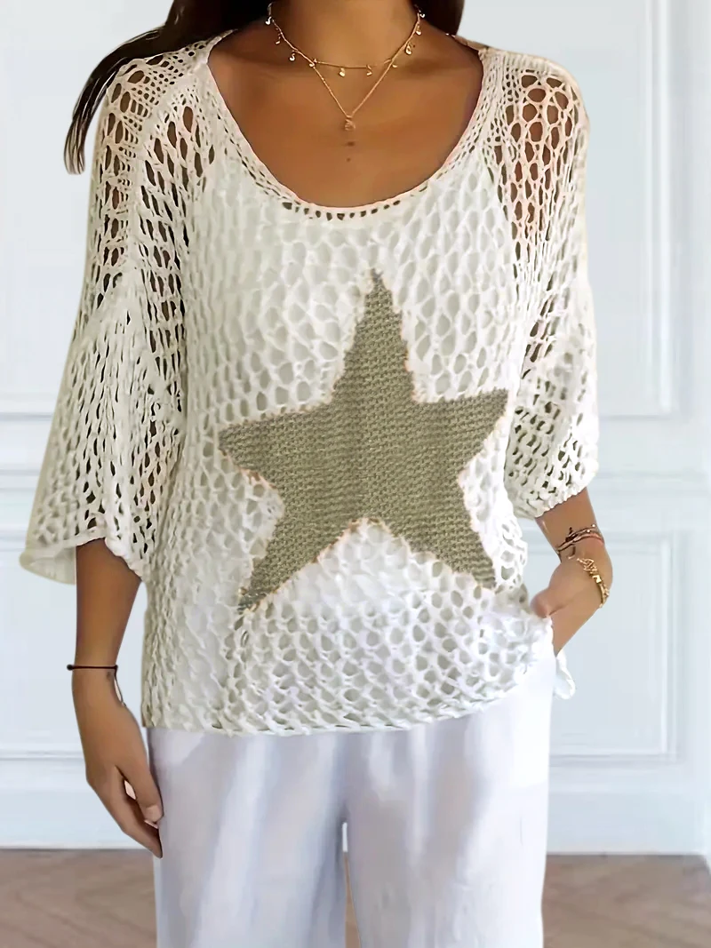 

Модная женская пляжная накидка больших размеров с узором в виде звезд, сетчатыми рукавами, вязаная из сетчатой пряжи, с круглым вырезом, ажурная, крючком связанная.