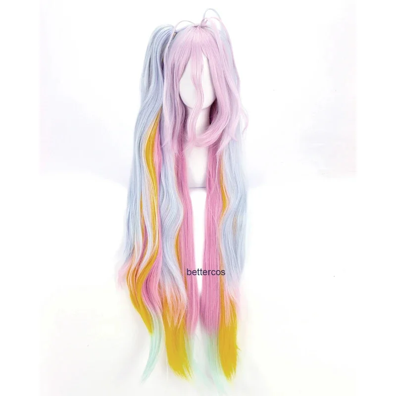 No Game No Life Shiro Cosplay Wigs Blue Pink Yellow Mix 120cm Long Wavy Heat Resistant Synthetic Hair Wig   Wig Cap