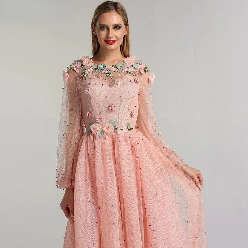 Customized O Neck Full Sleeves Peach Color Evening Dresses Handmade Flowers Lace Up Party Long Gowns For Women