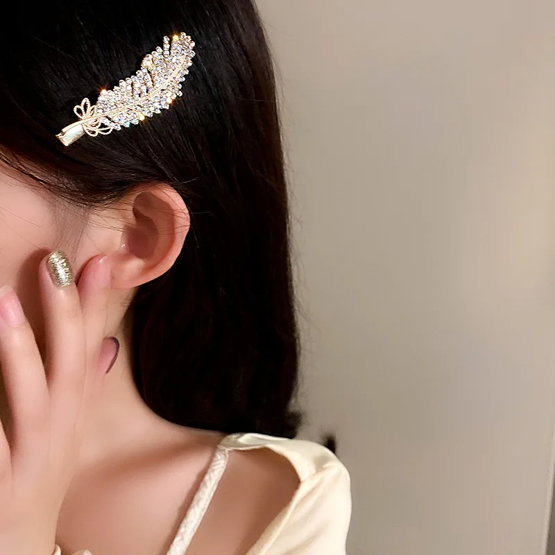 Korean Inlaid Rhinestone Feather Hair Clip Fashion Flash Diamond Duckbill Clip Temperament Side Clip Hair Accessories