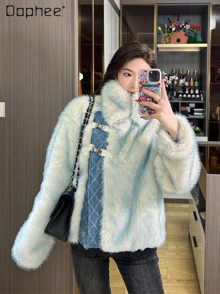 

Fashion Denim Stitching Furry Coat Female 2023 Winter New High Neck Warm Long Sleeves Environmental Protection Fox Fur Fur Coat