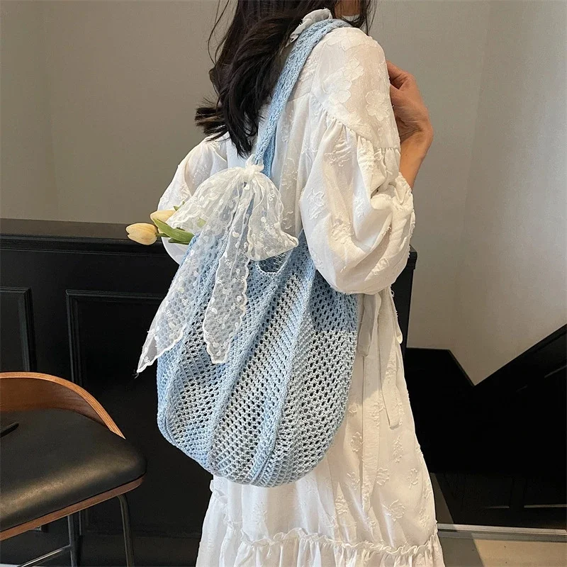 

Модные женские полые тканые сумки на плечо с кружевным бантом, большая вязаная сумка-тоут под мышками, вязаная крючком, летняя сетчатая пляжная сумка