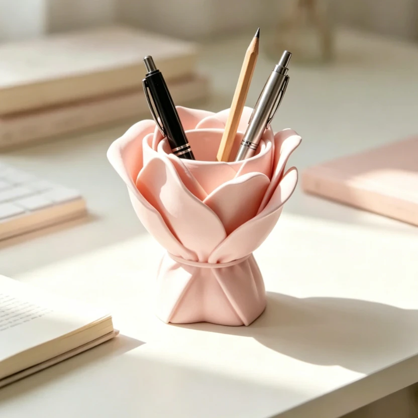 Rose Bouquet Pen Holder 3D Printed PLA Desk Organizer Flower Pencil Holder Home Office Desktop Decor Cute Stationery Storage