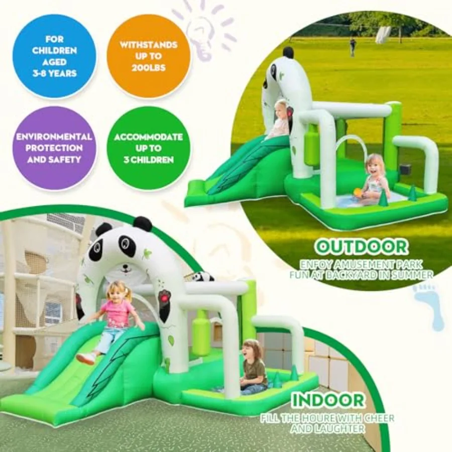 Multifunctioneel Panda opblaasbaar springkasteel met dubbele glijbal PitandPonspilaar Peuter springkasteel met inblazer