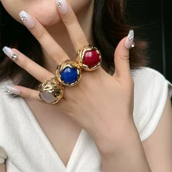 XIALUOKE Vintage Metal Geometric Hollow Round Natural Stone Ring For Women Personality Open Ring Party Wedding Jewelry