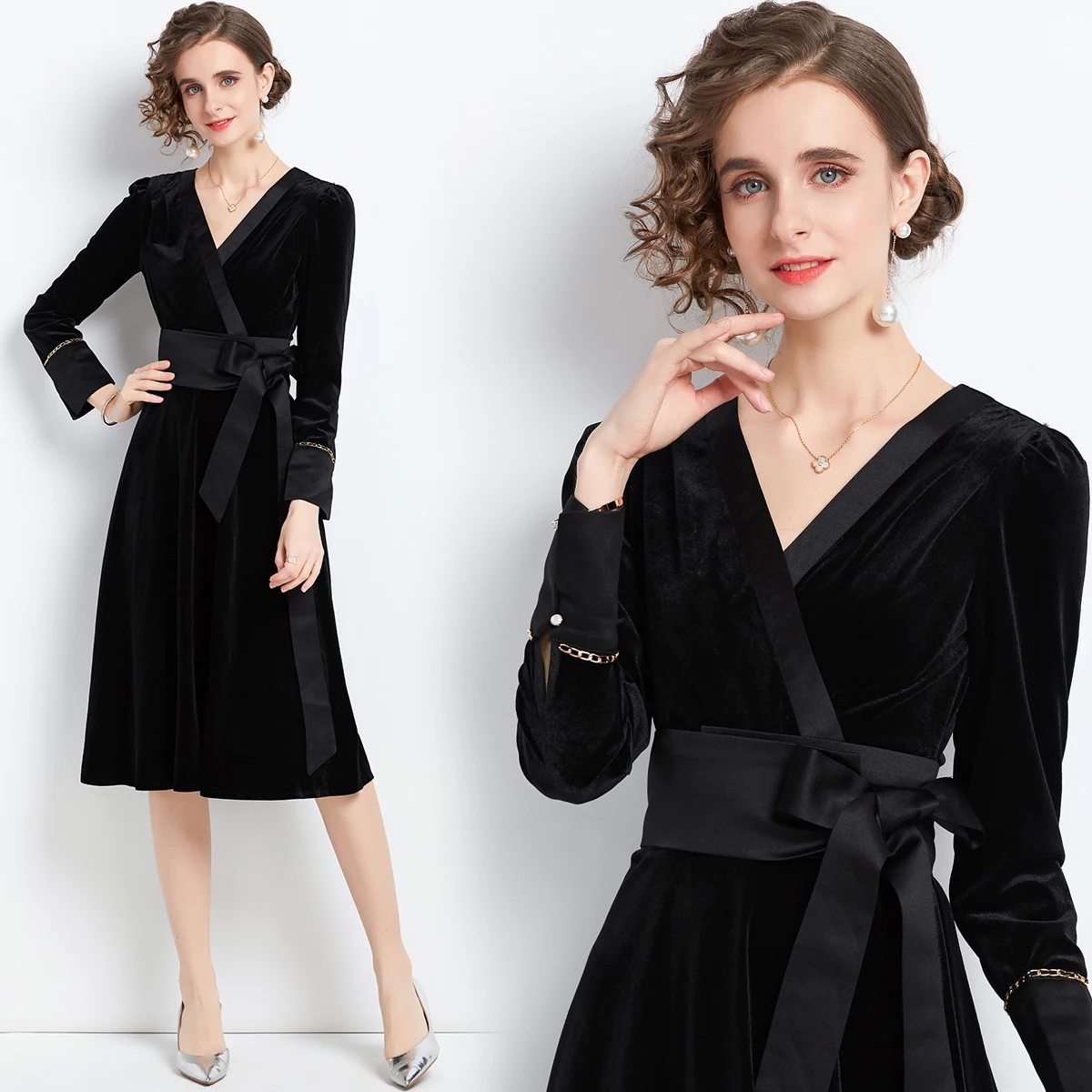 

2023 New Silk Velvet French Dress Women's V-neck Black Belt Slim Waist Length Knee Long Sleeve Velvet Long Dress