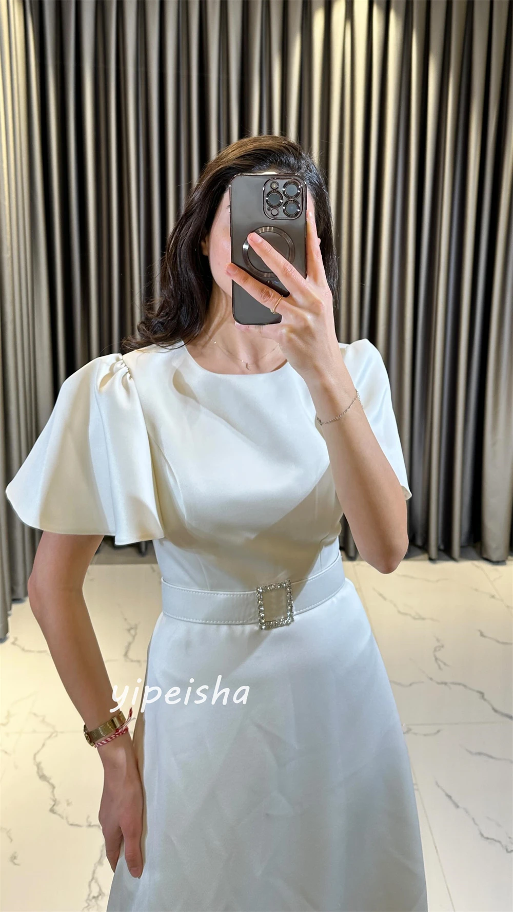 Customized   s Beading Sashes Wedding Party A-line Scoop Neck Bespoke Occasion Gown Midi Dresses