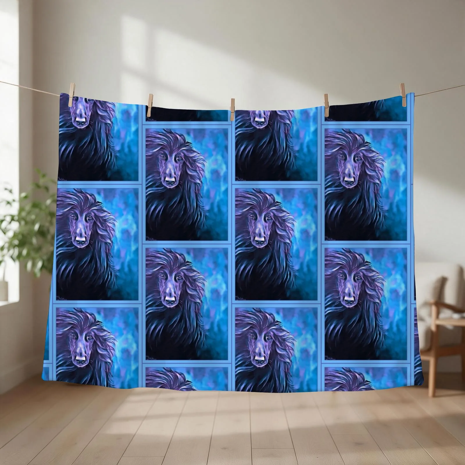 Ice Blue/black Afghan Hound Head. Throw Blanket Vintage manga Bed Fashionable Personalized Gift Blankets