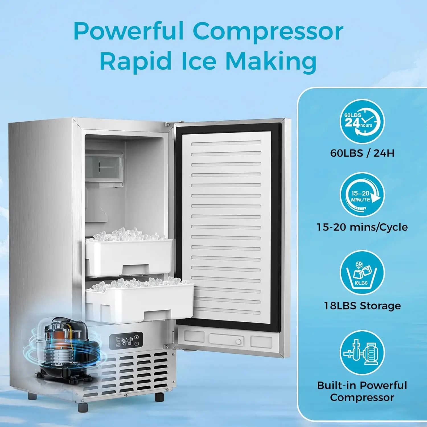 Commercial Ice Maker Machine, Nugget Ice, 66lbs/24H Stainless Steel Under Counter Ice Maker, Self-Clean&24H Timer,, Customized