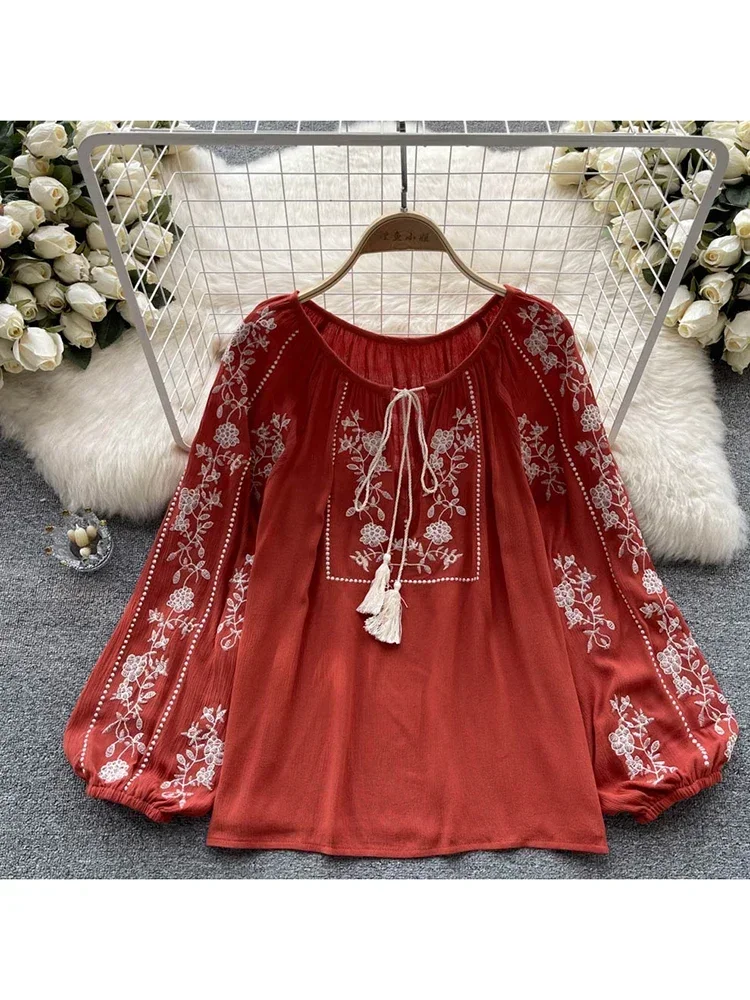 Women Spring Summer Blouse French Printed Shirt New Loose Long Sleeve Design Small Retro Lantern Sleeve Embroidery Top D2532