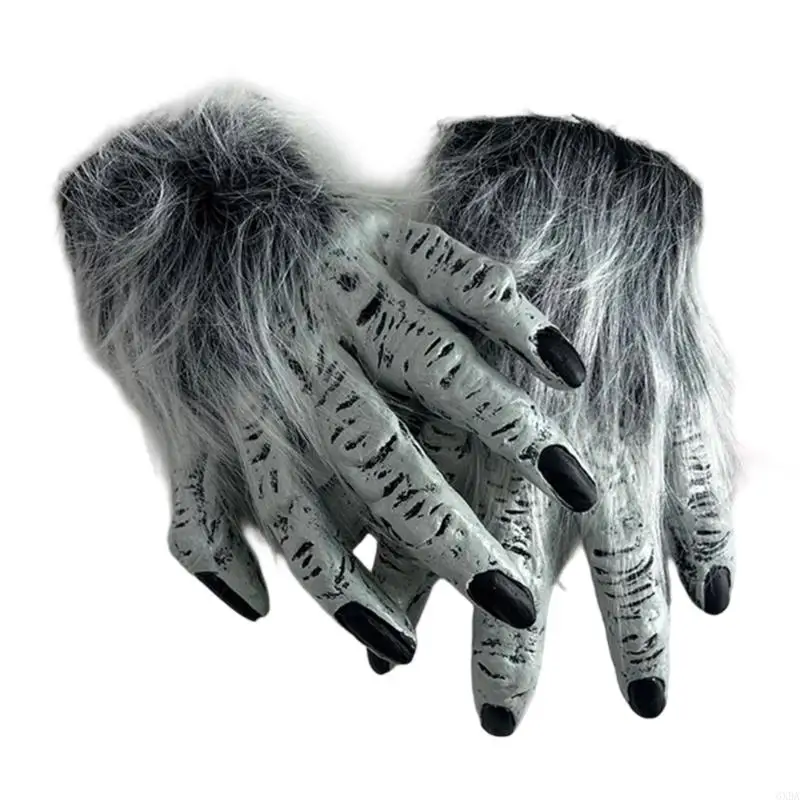 Textured Creature Gloves Pair with Plush Trim for Cosplay Use 6XDA