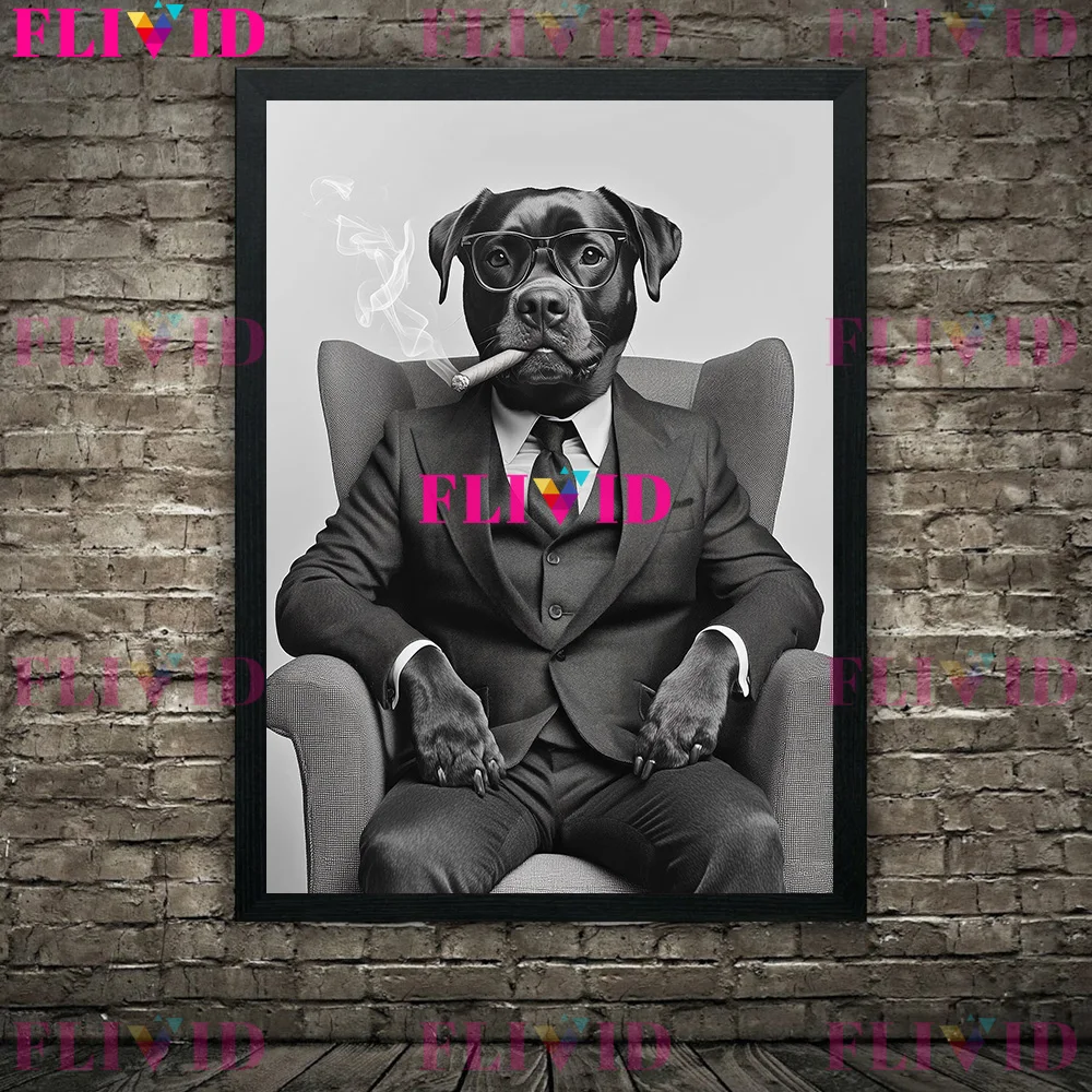 Dog In A Suit Smoking Cigar Abstract Wall Art Canvas Painting,Plutocrat Dog Funny Portrait Art,Black-White Poster Print Decor