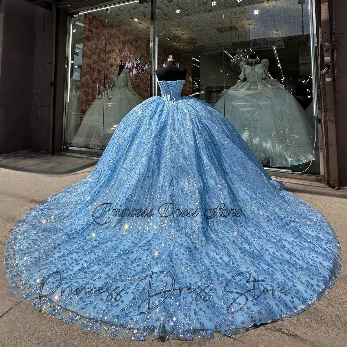 Shiny Blue Quinceanera Dress Ball Gown Off Shoulder Glitter Tulle Luxury Beaded Tiered Sweet 16 Vestidos De 15 Años