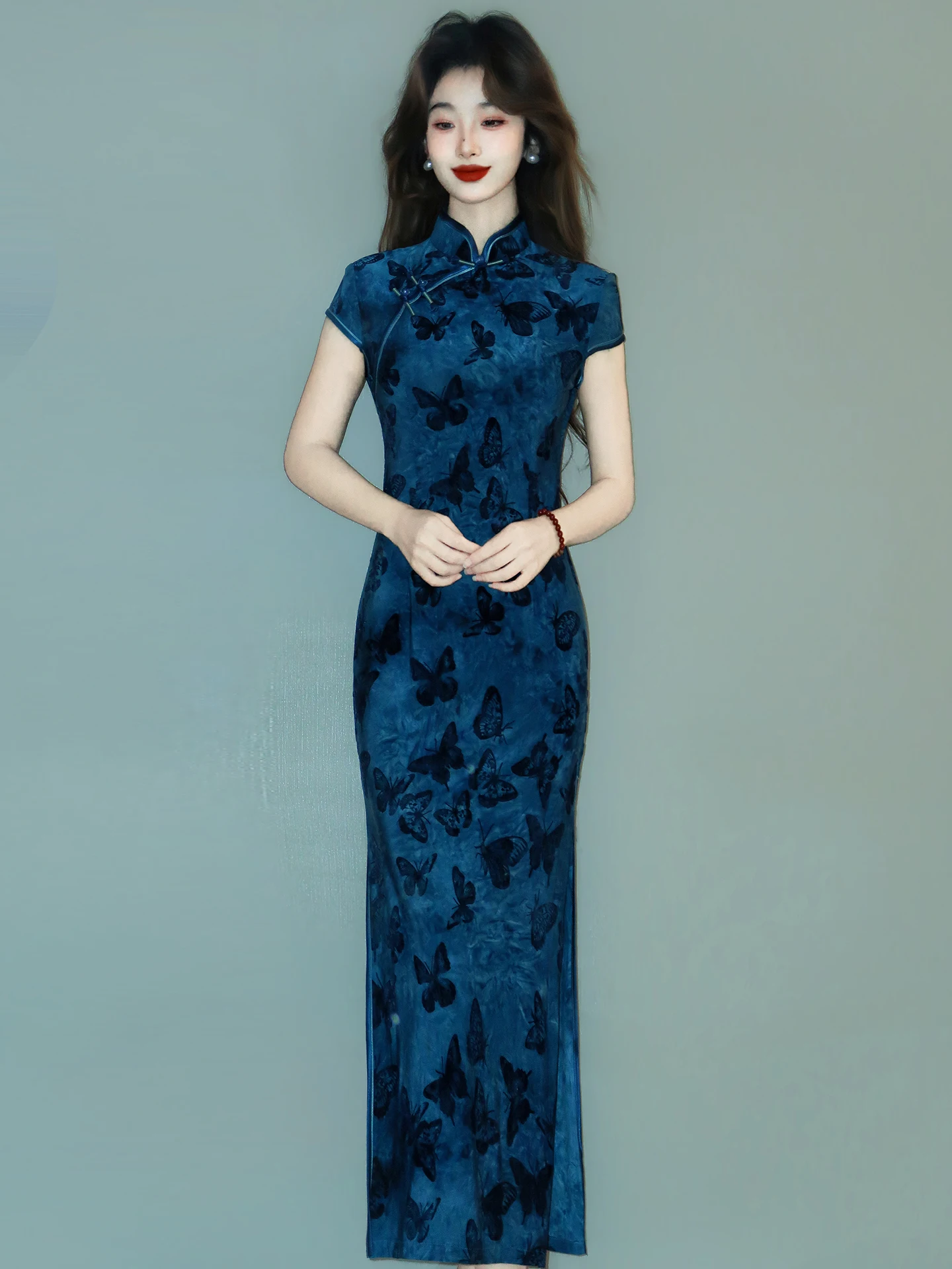 

Синий молодежный вельветовый костюм с длинным разрезом, повседневный, дышащий, с цветочным узором, высококачественный